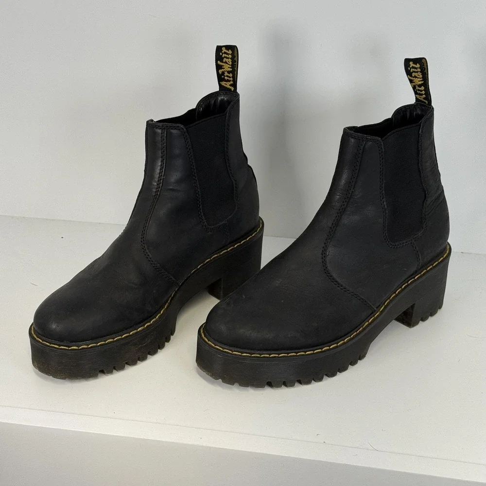 Dr Martens Boots Womens 8 Black Rometty Leather Platform Chelsea Ankle Lug Sole
